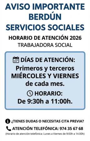 Imagen Nuevos horarios de Servicios Sociales en Berdún para 2026