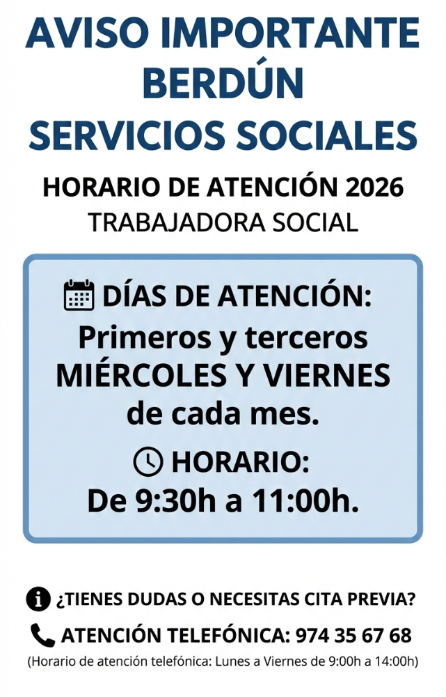 Imagen Nuevos horarios de Servicios Sociales en Berdún para 2026
